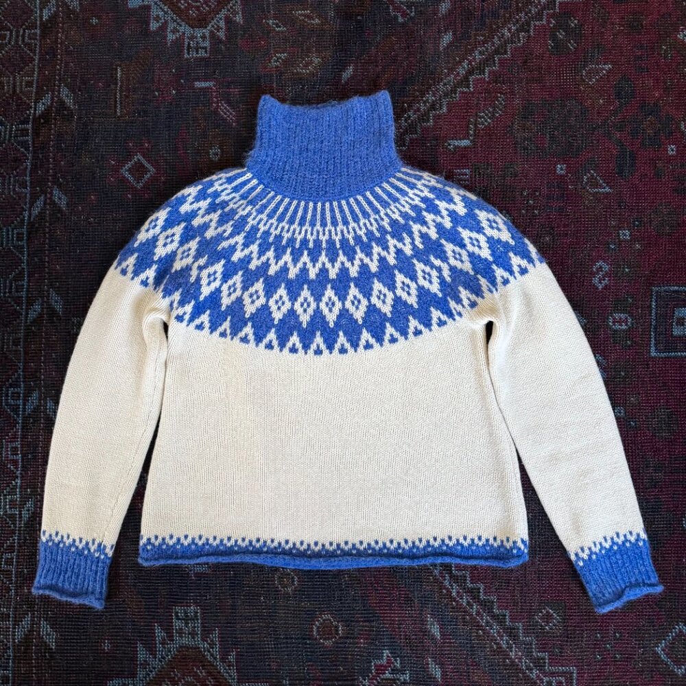 Alex Mill "Bailey" Fair Isle Turtleneck Sweater | Small | Blue & White | Nordic